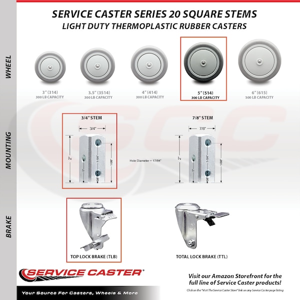 Service Caster 5 Inch Thermoplastic Rubber Wheel Swivel 3/4 Inch Square Stem Caster with Brake SCC-SQ20S514-TPRB-TLB-34 - main
